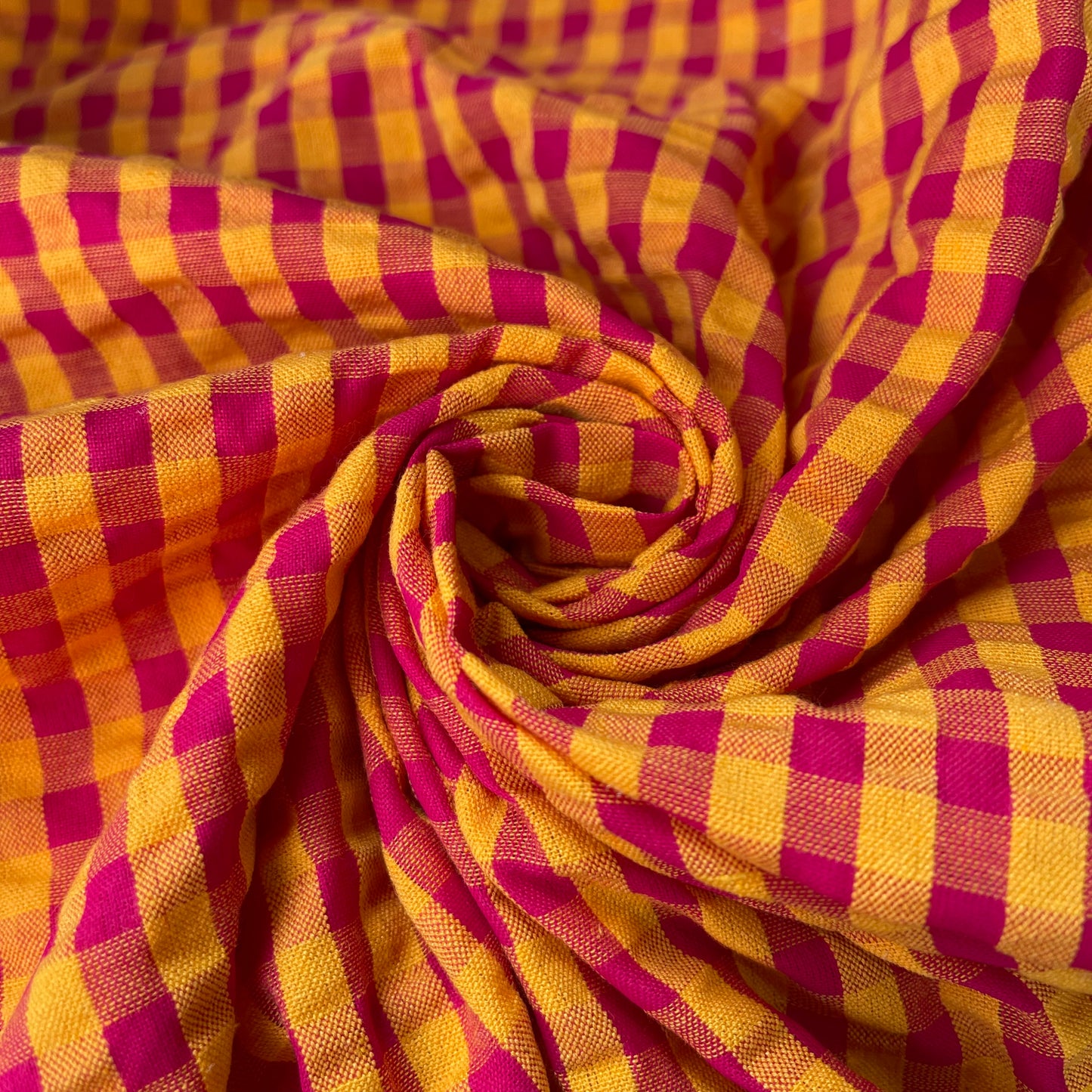 Yellow Pink Gingham 100% Cotton Seersucker Fabric Crush Costume Craft Dress Material 58" By The Meter