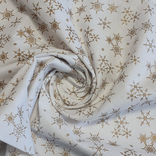 Deluxe Gold Foil Snowflake & Xmas Tree Print Cotton Fabric: 44” Wide for Festive Decor (Ivory Snowflake)