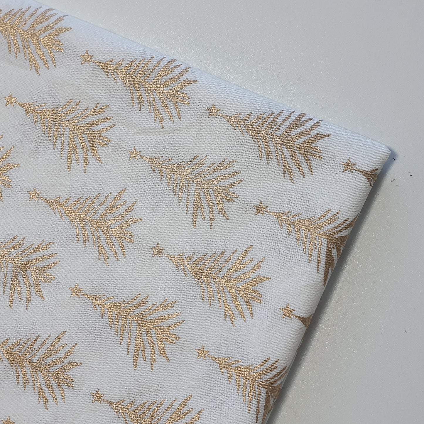 Deluxe Gold Foil Snowflake & Xmas Tree Print Cotton Fabric: 44” Wide for Festive Decor (Ivory Trees)