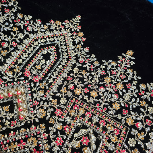 Jet Black Velvet Fabric Heavy Gold Floral Embroidery Indian Bridal Wedding Dress Material 58"