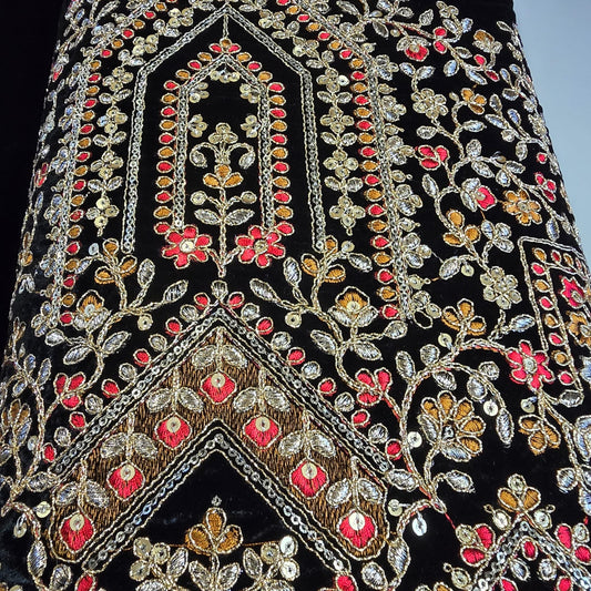 Jet Black Velvet Fabric Heavy Gold Floral Embroidery Indian Bridal Wedding Dress Material 58"