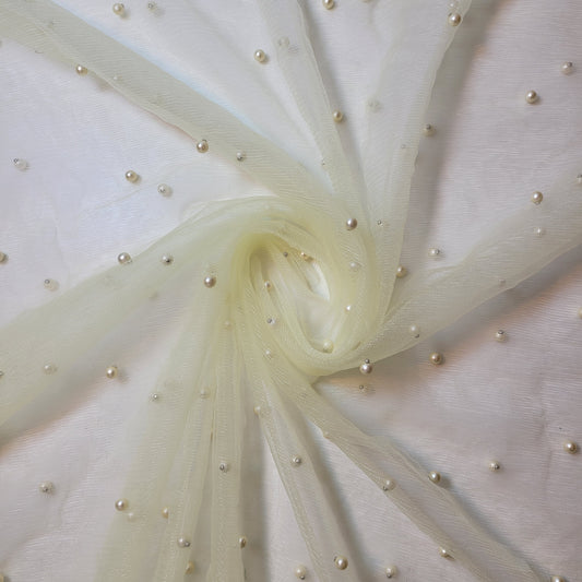 Cream Pearl Beaded Soft Tulle Mesh Fabric Embellished Net Material 58" Wide By The Meter