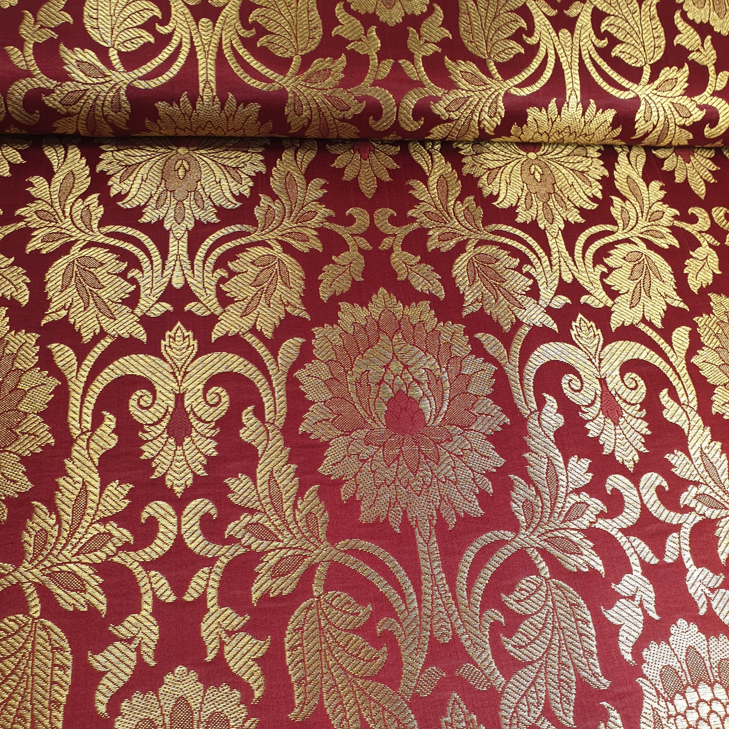 Maroon Banarasi Brocade Fabric with Gold Zari Floral Design | Premium Indian Jacquard Material By Meter 44"