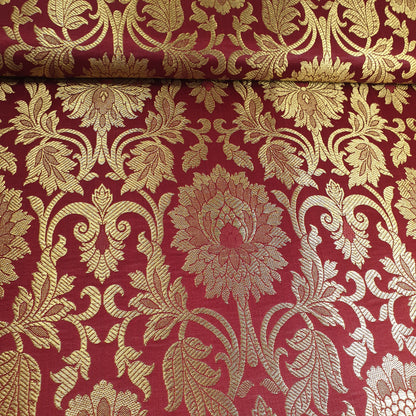 Maroon Banarasi Brocade Fabric with Gold Zari Floral Design | Premium Indian Jacquard Material By Meter 44"