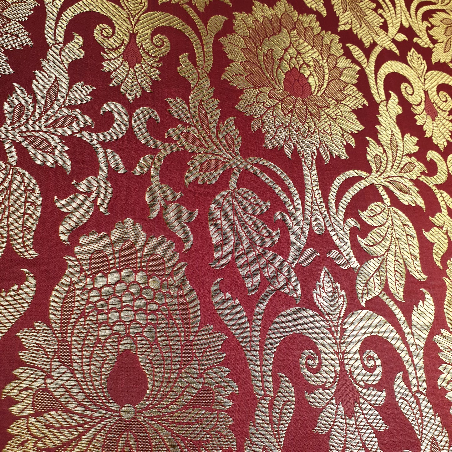Maroon Banarasi Brocade Fabric with Gold Zari Floral Design | Premium Indian Jacquard Material By Meter 44"
