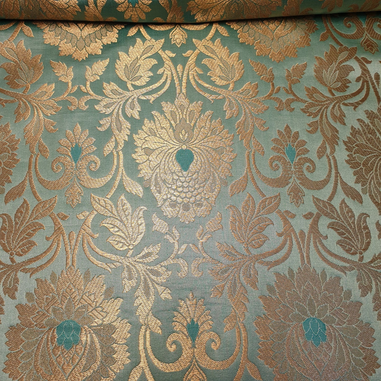 Mint Banarasi Brocade Fabric with Gold Zari Floral Design | Premium Indian Jacquard Material By Meter 44"