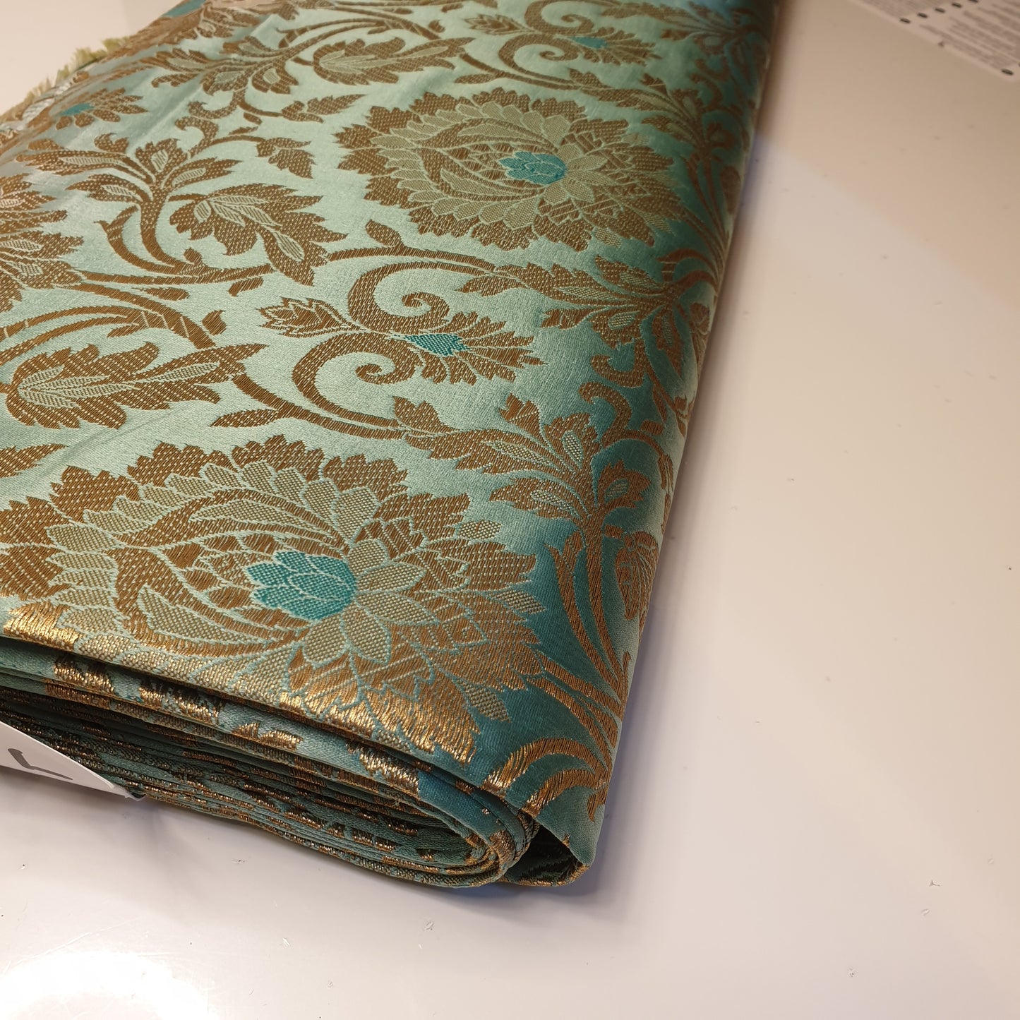 Mint Banarasi Brocade Fabric with Gold Zari Floral Design | Premium Indian Jacquard Material By Meter 44"