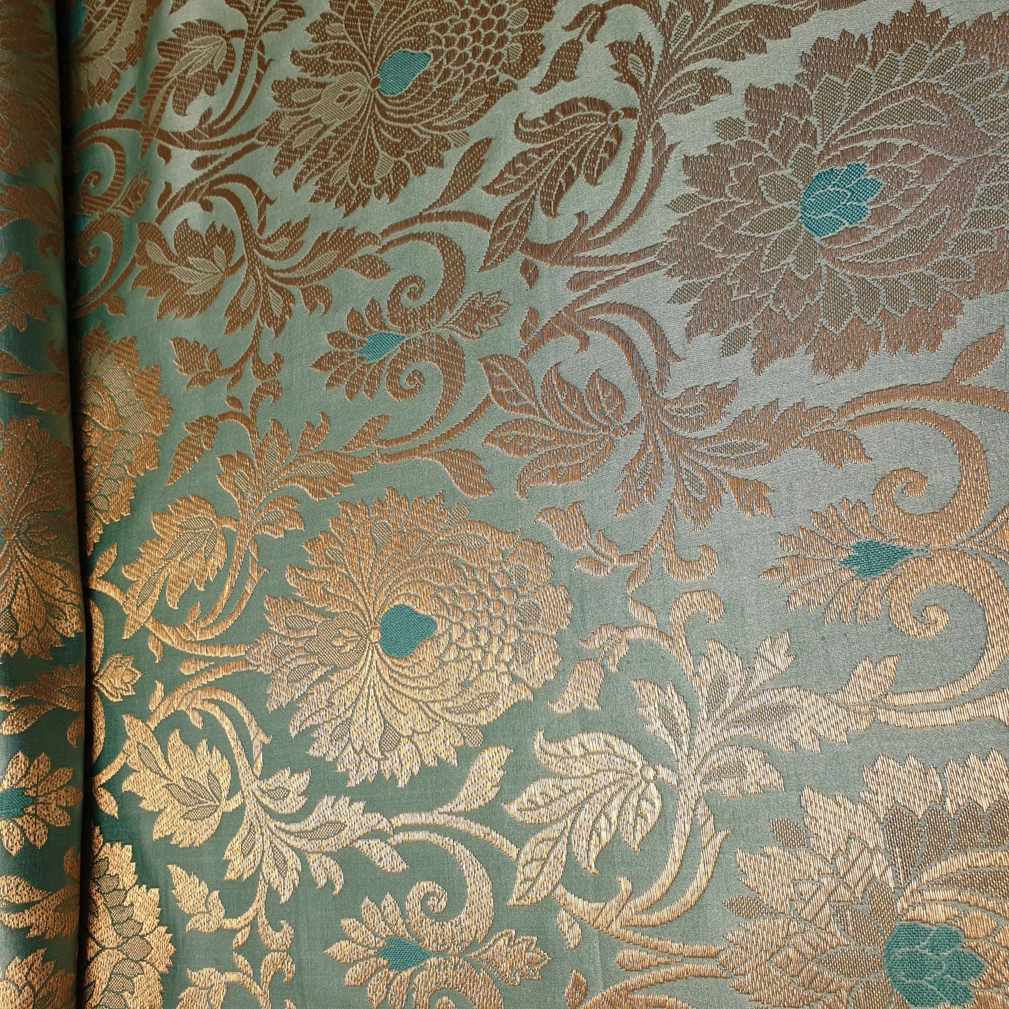 Mint Banarasi Brocade Fabric with Gold Zari Floral Design | Premium Indian Jacquard Material By Meter 44"