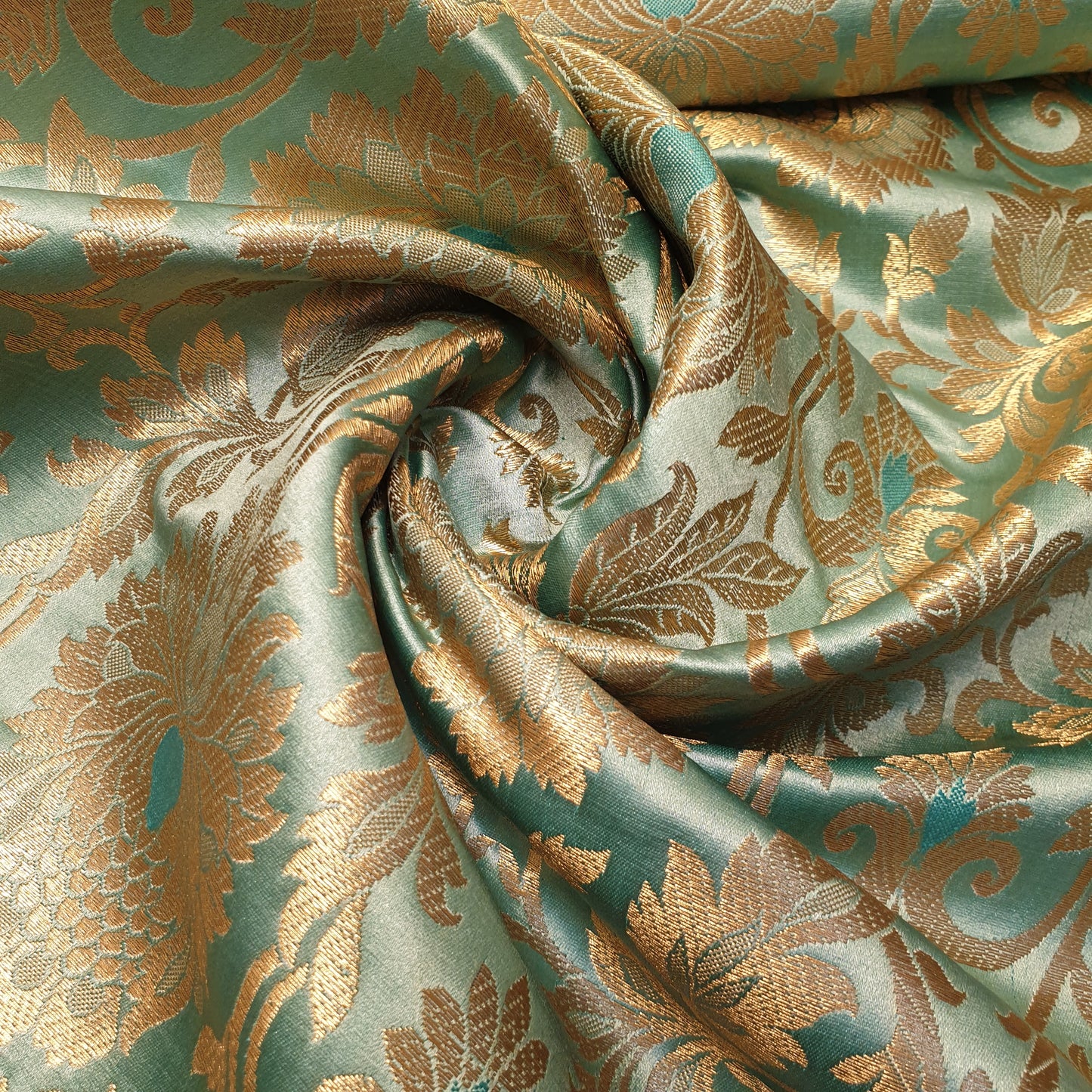 Mint Banarasi Brocade Fabric with Gold Zari Floral Design | Premium Indian Jacquard Material By Meter 44"