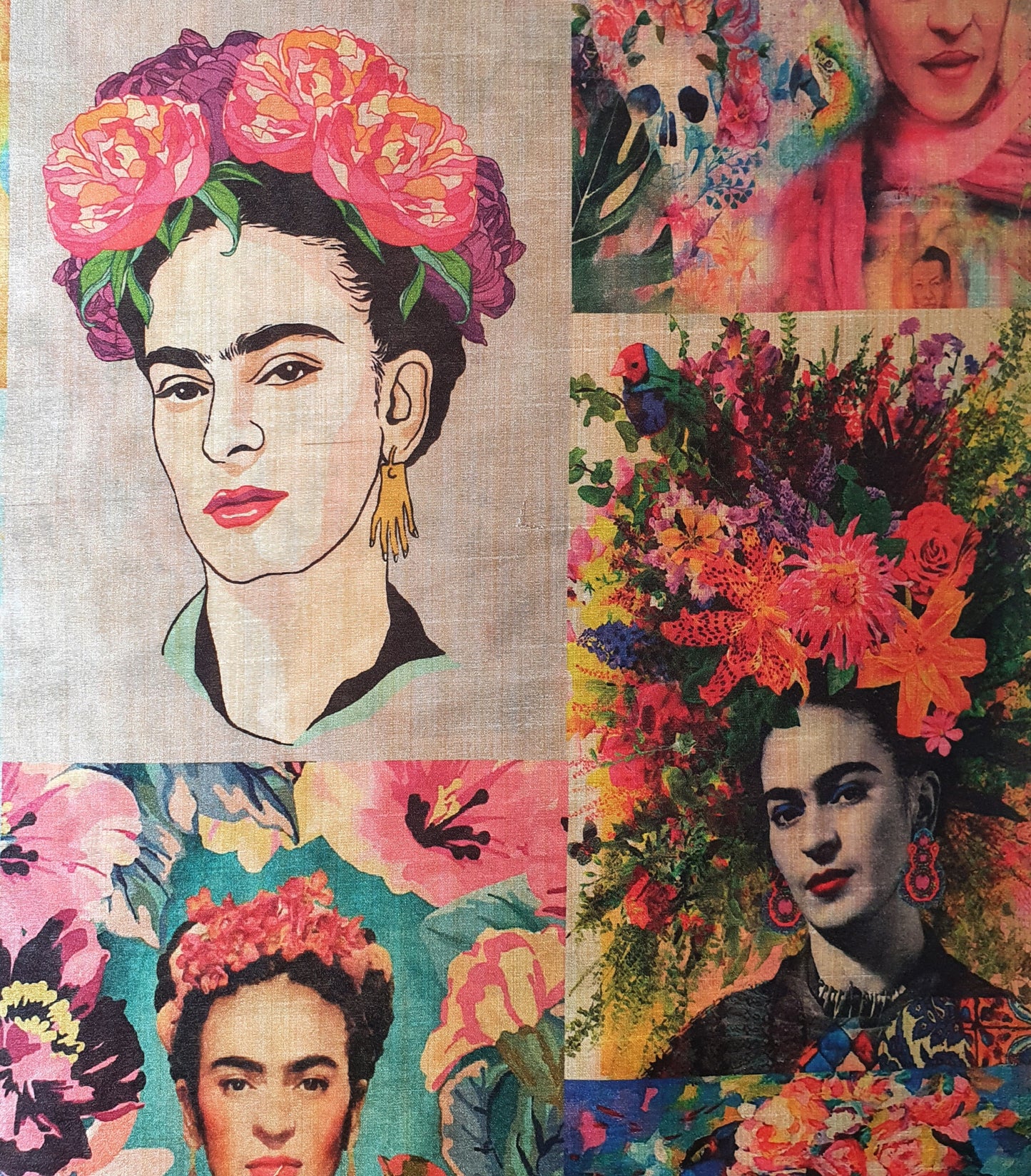 Multi Frida Kahlo Portraits Digital Print Faux Raw Silk Fabric Dress Craft Quilting Material 44" By Meter