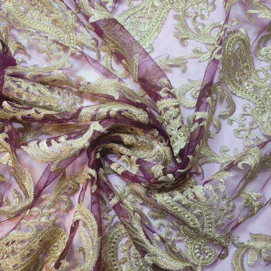Maroon Golden Paisley Stickerei Mesh Netz Stoff Kleid Handwerk Drape Material 58" pro Meter