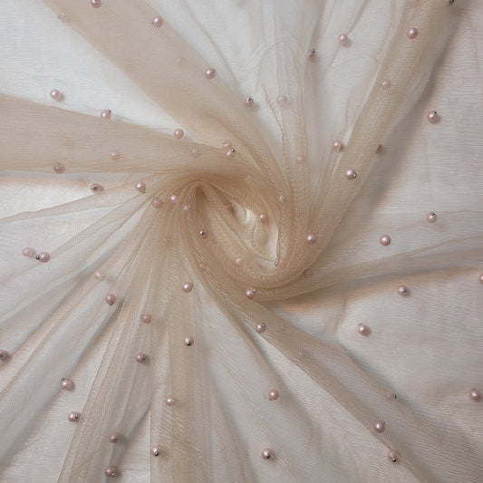 Mink Pearl Beaded Soft Tulle Mesh Fabric Embellished Net Material 58" Wide By The Meter