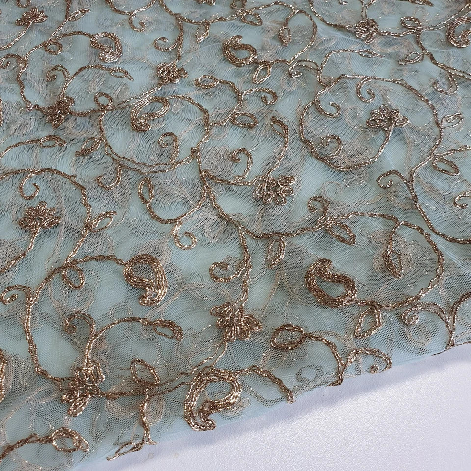 Mint Elegant Embroidered Net Fabric with Metallic Thread Work 44" By The Meter