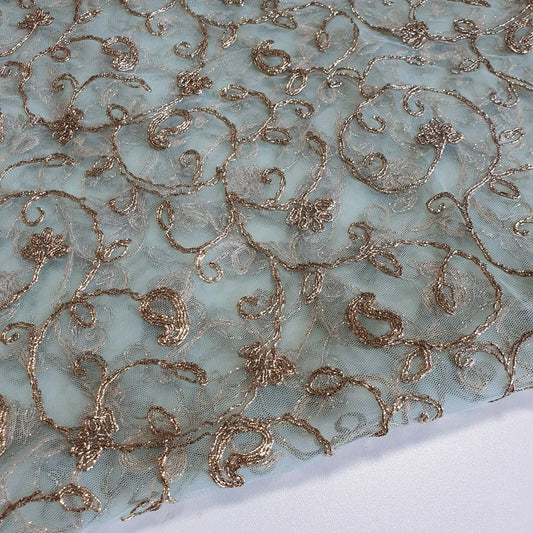 Mint Elegant Embroidered Net Fabric with Metallic Thread Work 44" By The Meter