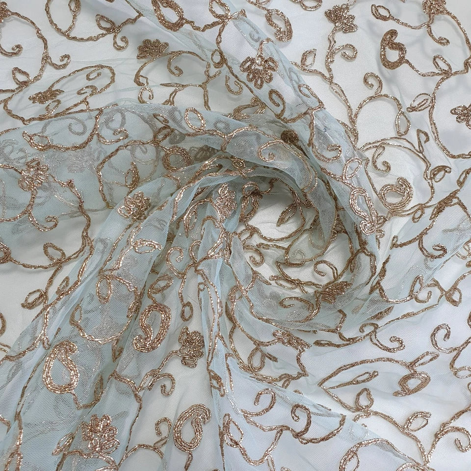 Mint Elegant Embroidered Net Fabric with Metallic Thread Work 44" By The Meter