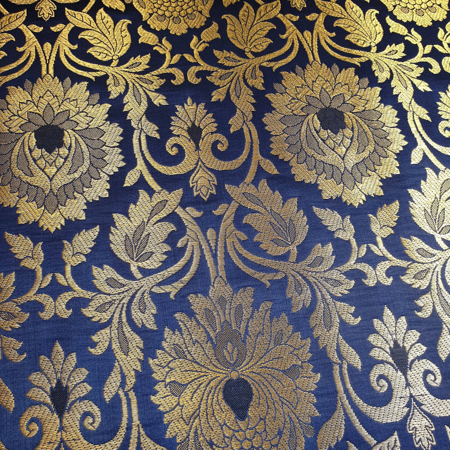 Navy Blue Banarasi Brocade Fabric with Gold Zari Floral Design | Premium Indian Jacquard Material By Meter 44"