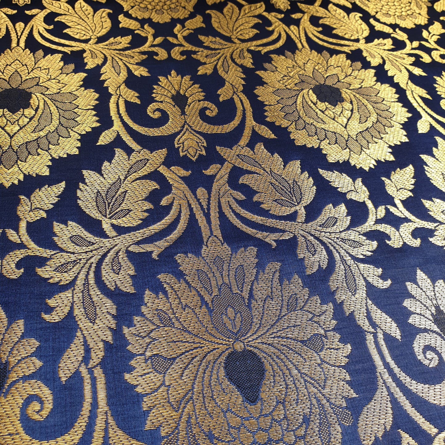 Navy Blue Banarasi Brocade Fabric with Gold Zari Floral Design | Premium Indian Jacquard Material By Meter 44"