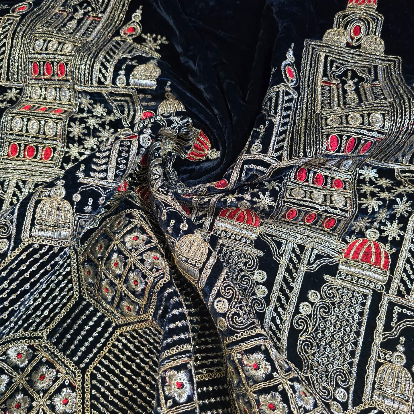 Navy Velvet Fabric Gold Palace Embroidery Indian Wedding Bridal Dress Material 58" by Meter