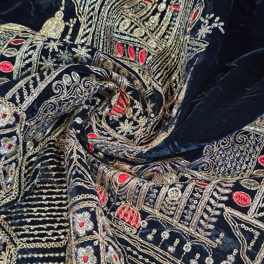 Navy Velvet Fabric Gold Palace Embroidery Indian Wedding Bridal Dress Material 58" by Meter