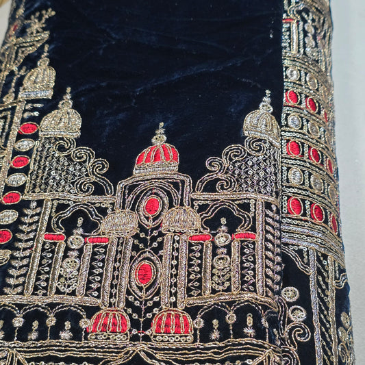 Navy Velvet Fabric Gold Palace Embroidery Indian Wedding Bridal Dress Material 58" by Meter