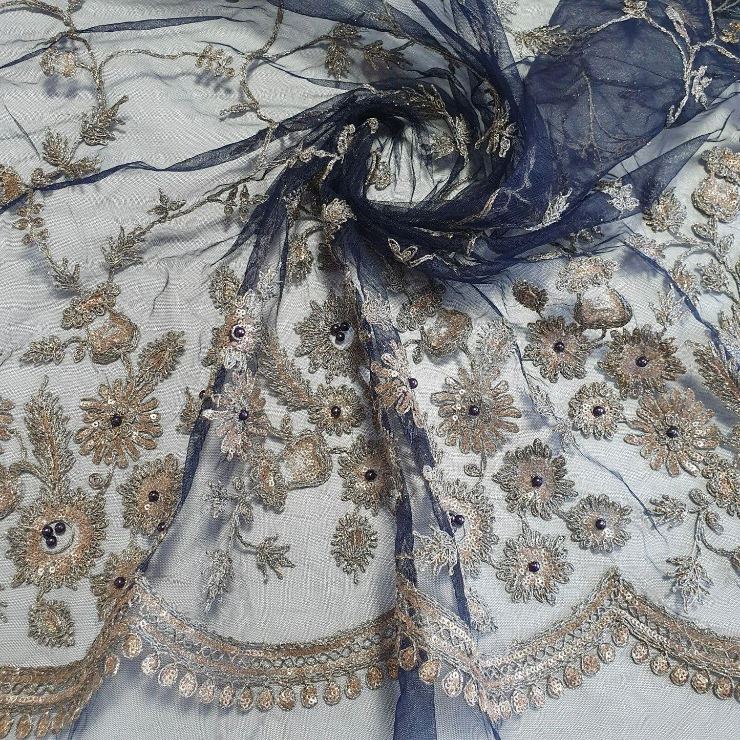 Navy Blue Luxury Embroidered Net Fabric with Sequins & Pearl Work 44" By The Meter