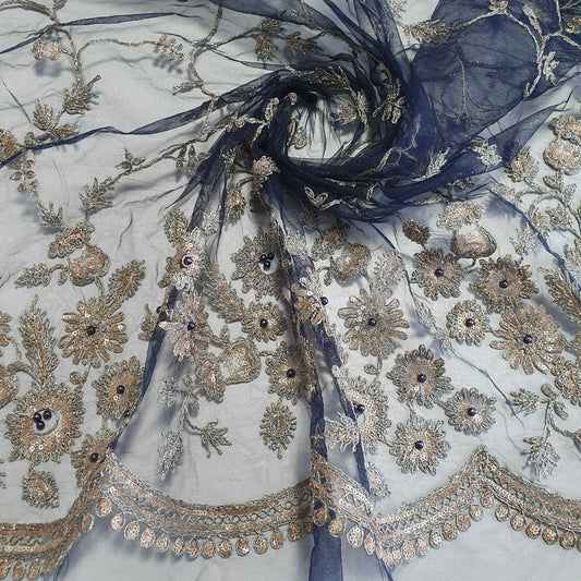 Navy Blue Luxury Embroidered Net Fabric with Sequins & Pearl Work 44" By The Meter