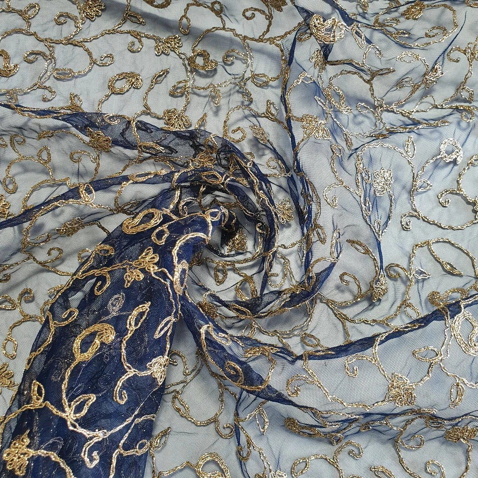 Navy Blue  Elegant Embroidered Net Fabric with Metallic Thread Work 44" By The Meter