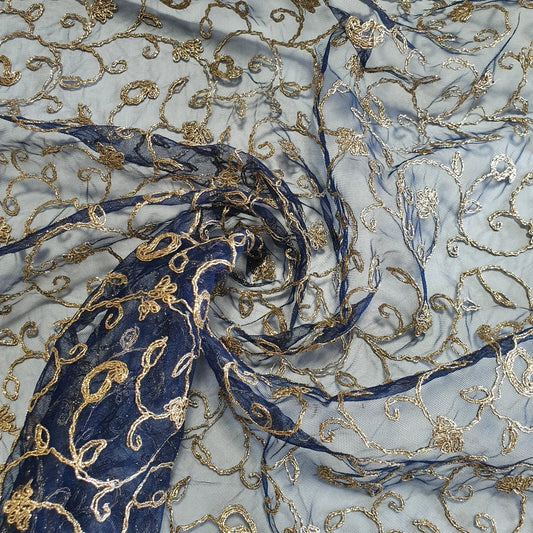 Navy Blue Elegant Embroidered Net Fabric with Metallic Thread Work 44" By The Meter