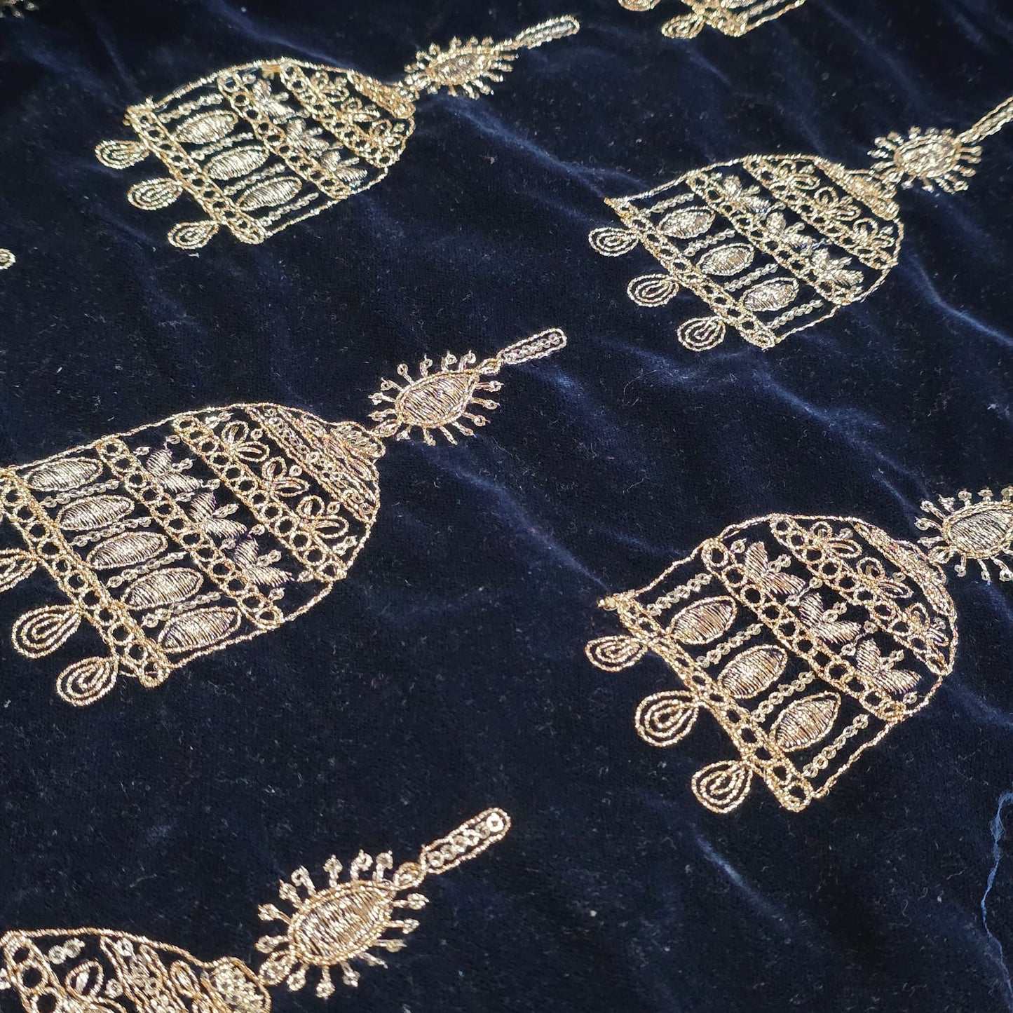 Navy Blue Velvet Fabric Gold Jhumka Embroidery Indian Wedding Dress Craft Material by Textile Station