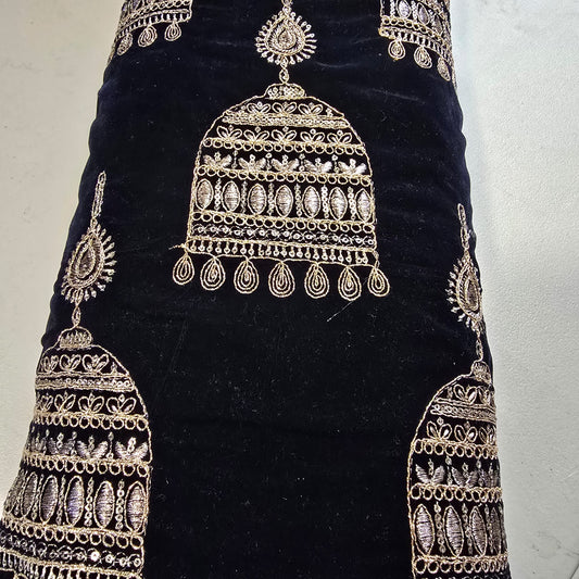 Navy Blue Velvet Fabric Gold Jhumka Embroidery Indian Wedding Dress Craft Material by Textile Station
