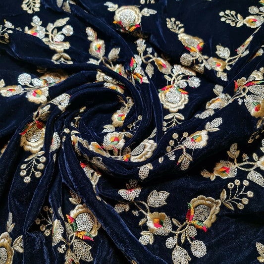 Navy Floral Embroidery 3 Crown Triple Velvet Fabric Dress Craft Décor Material 44" By The Meter