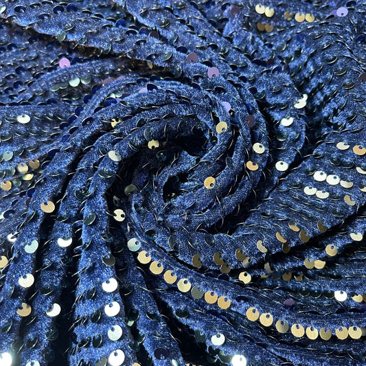 Navy Blue Sequin Velvet Embroidery Stretch Material Velour Craft Drape Dress Fabric 58" Wide By The Meter