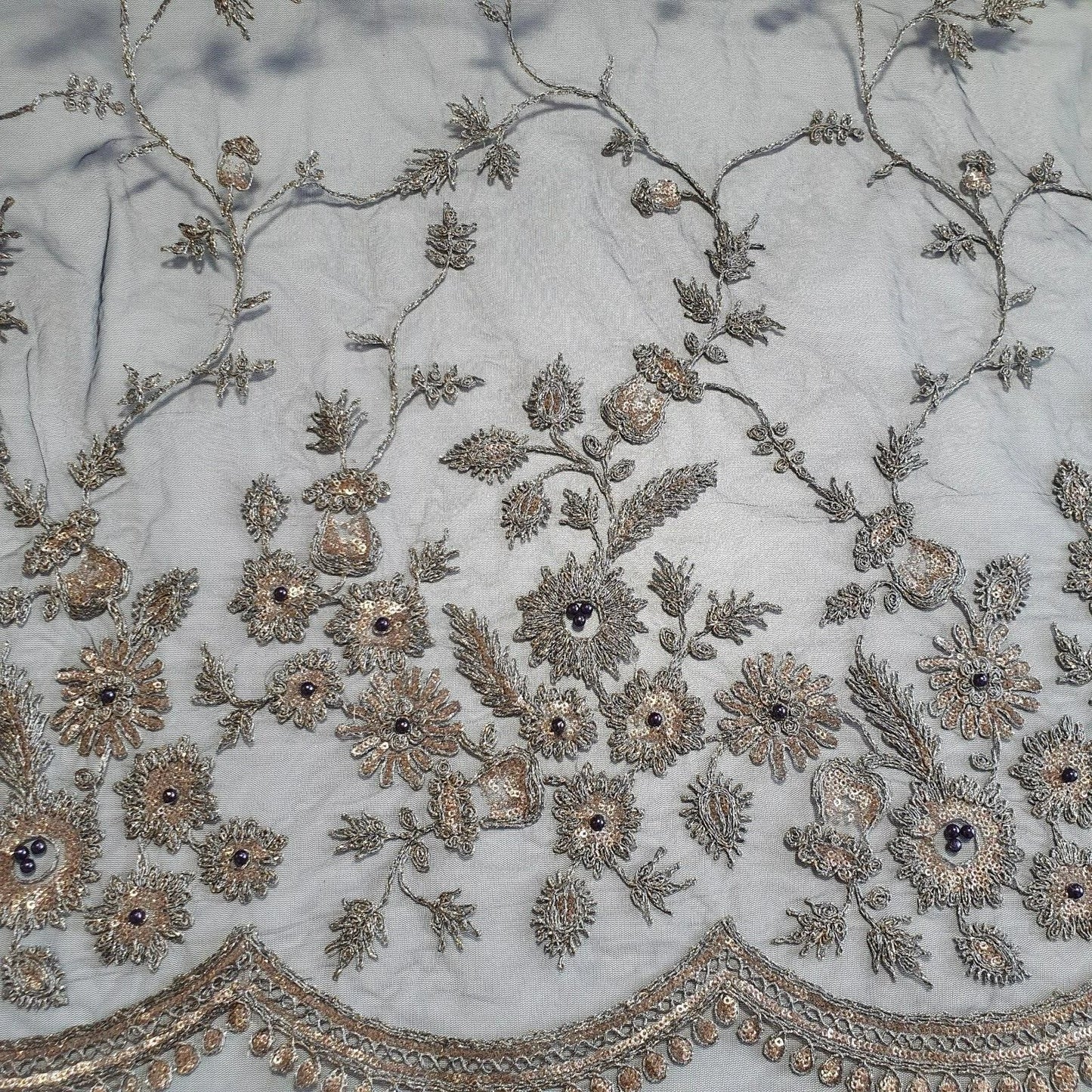 Navy Blue Luxury Embroidered Net Fabric with Sequins & Pearl Work 44" By The Meter