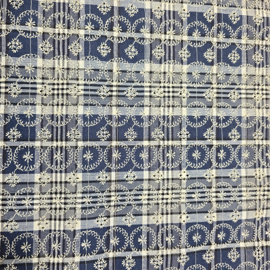 New Blue Checked Embroidered Cotton Fabric 44" Wide | Floral Broderie Dressmaking, Craft & Home Décor Material by the Metre