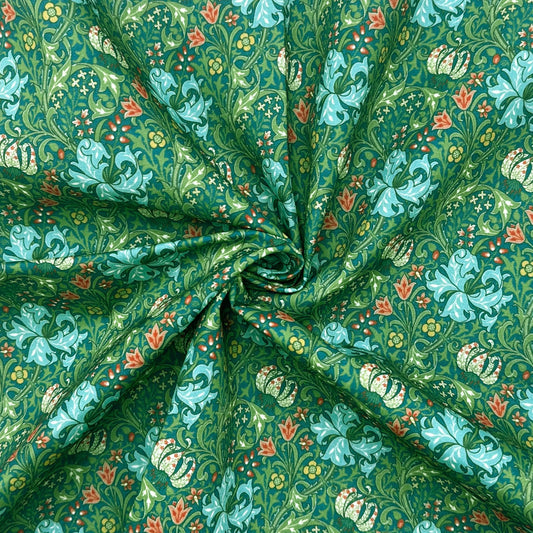 Polycotton Digital Print Fabric | 80% Polyester 20% Cotton 45" (115cm) Wide Lightweight Printed Fabric – Sold by the Meter – Golden Lily Green (PCD011)
