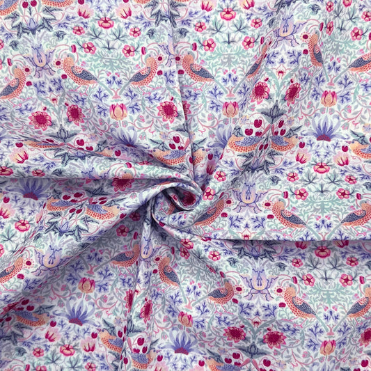 Polycotton Digital Print Fabric | 80% Polyester 20% Cotton 45" (115cm) Wide Lightweight Printed Fabric – Sold by the Meter – Strawberry Thief Pastel Lilac (PCD021)