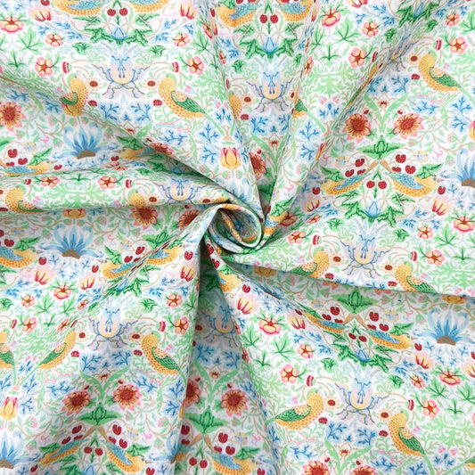 Polycotton Digital Print Fabric | 80% Polyester 20% Cotton 45" (115cm) Wide Lightweight Printed Fabric – Sold by the Meter – Strawberry Thief Pastel Mint (PCD022)