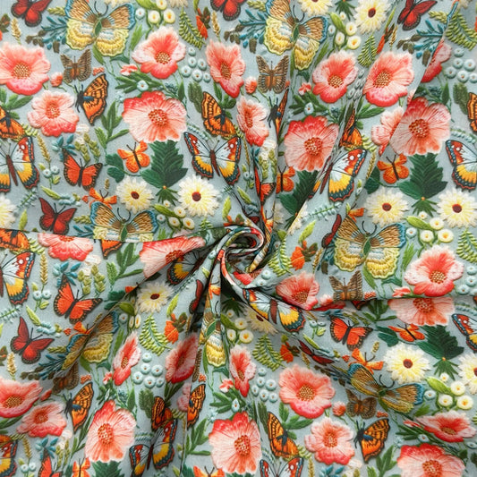 Polycotton Digital Print Fabric | 80% Polyester 20% Cotton 45" (115cm) Wide Lightweight Printed Fabric – Sold by the Meter – 3D Butterfly Garden (PCD036)
