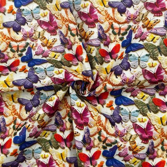 Polycotton Digital Print Fabric | 80% Polyester 20% Cotton 45" (115cm) Wide Lightweight Printed Fabric – Sold by the Meter – 3D Butterflies (PCD037)