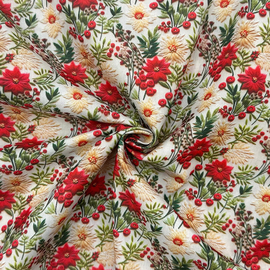Polycotton Digital Print Fabric | 80% Polyester 20% Cotton 45" (115cm) Wide Lightweight Printed Fabric – Sold by the Meter – 3D Christmas Flowers (PCD043)