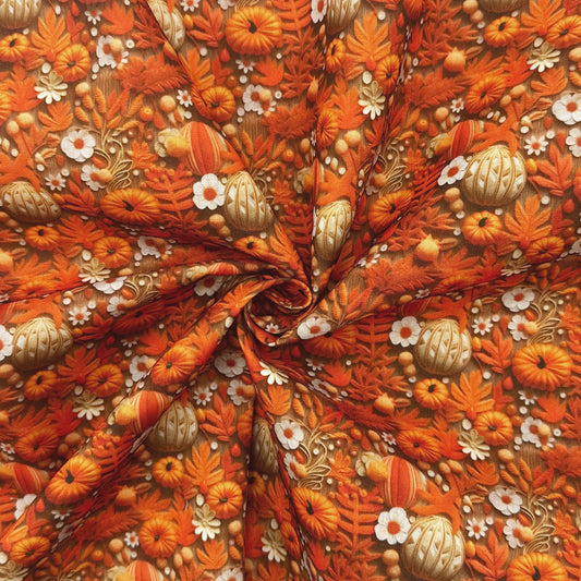 Polycotton Digital Print Fabric | 80% Polyester 20% Cotton 45" (115cm) Wide Lightweight Printed Fabric – Sold by the Meter – 3D Pumpkin Meadow (PCD044)