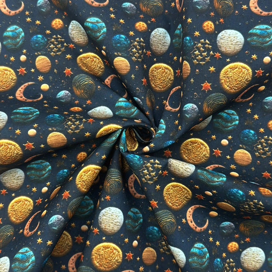 Polycotton Digital Print Fabric | 80% Polyester 20% Cotton 45" (115cm) Wide Lightweight Printed Fabric – Sold by the Meter – 3D Solar System (PCD049)