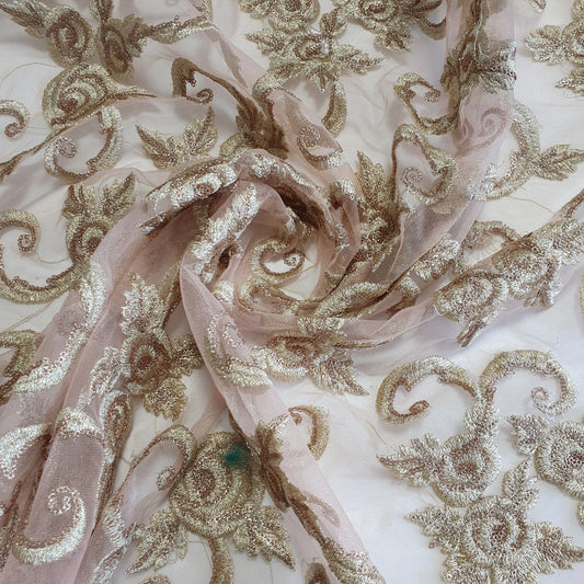 Pink Luxury Floral Embroidered Net Fabric – Designer Mesh Fabric 44" By The Meter