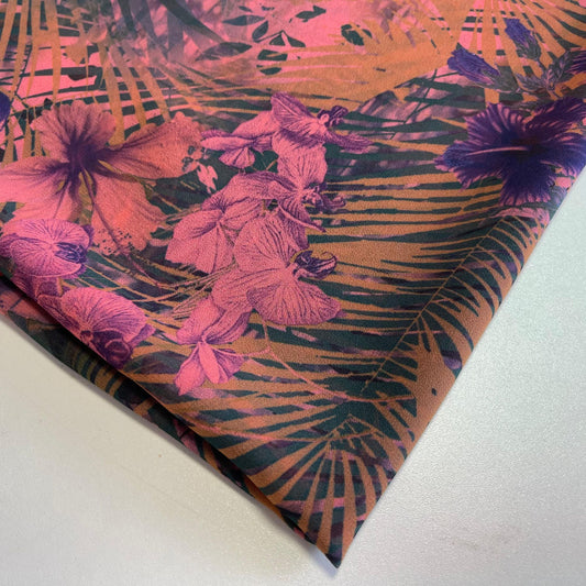 Orangeroter floraler Krepp-Chiffon-Stoff, weicher, transparenter Kleiderstoff, Drapierungsstoff, 111,8 cm, Meterware