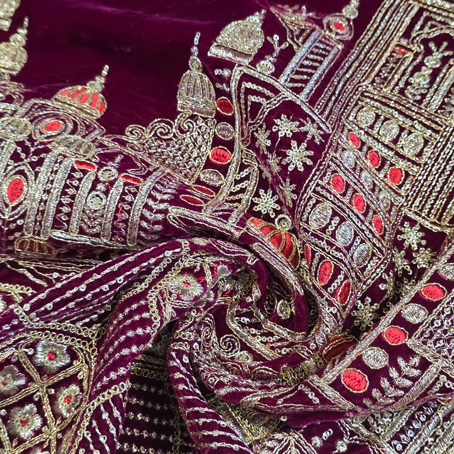 Plum Velvet Fabric Gold Palace Embroidery Indian Wedding Bridal Dress Material by Meter