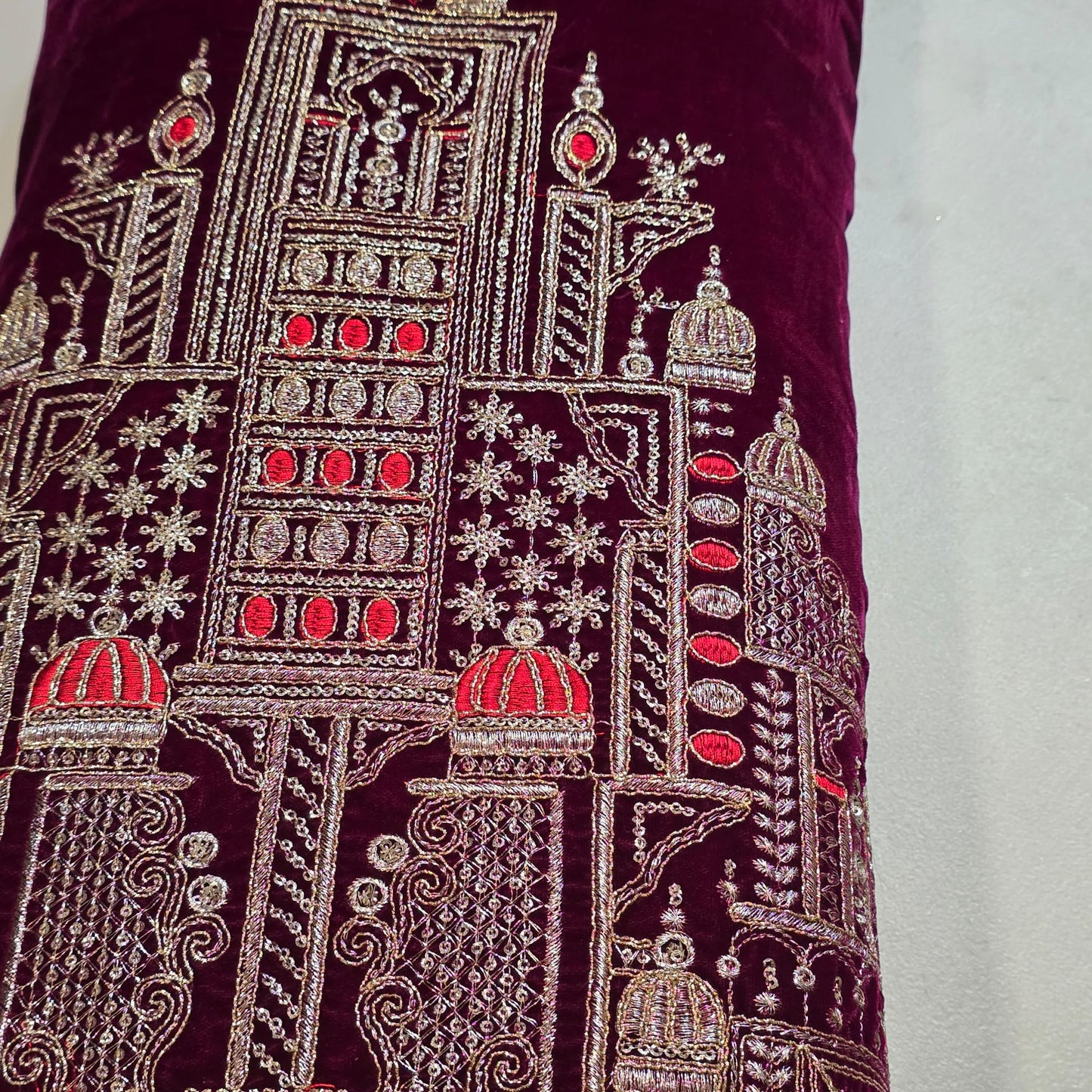 Plum Velvet Fabric Gold Palace Embroidery Indian Wedding Bridal Dress Material by Meter