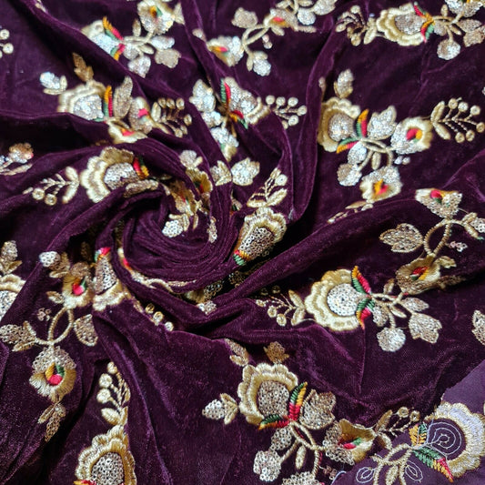 Plum Floral Embroidery 3 Crown Triple Velvet Fabric Dress Craft Décor Material 44" By The Meter