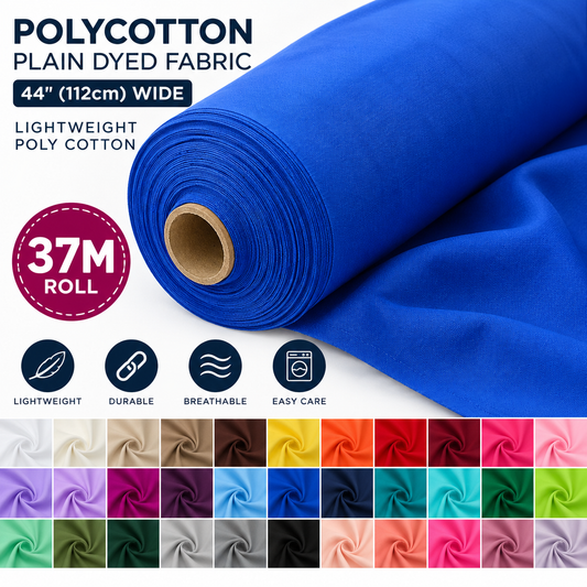 Bulk Buy Polycotton Plain Dyed Fabric | 44" (112cm) Wide Lightweight Poly Cotton 37 Meter Roll