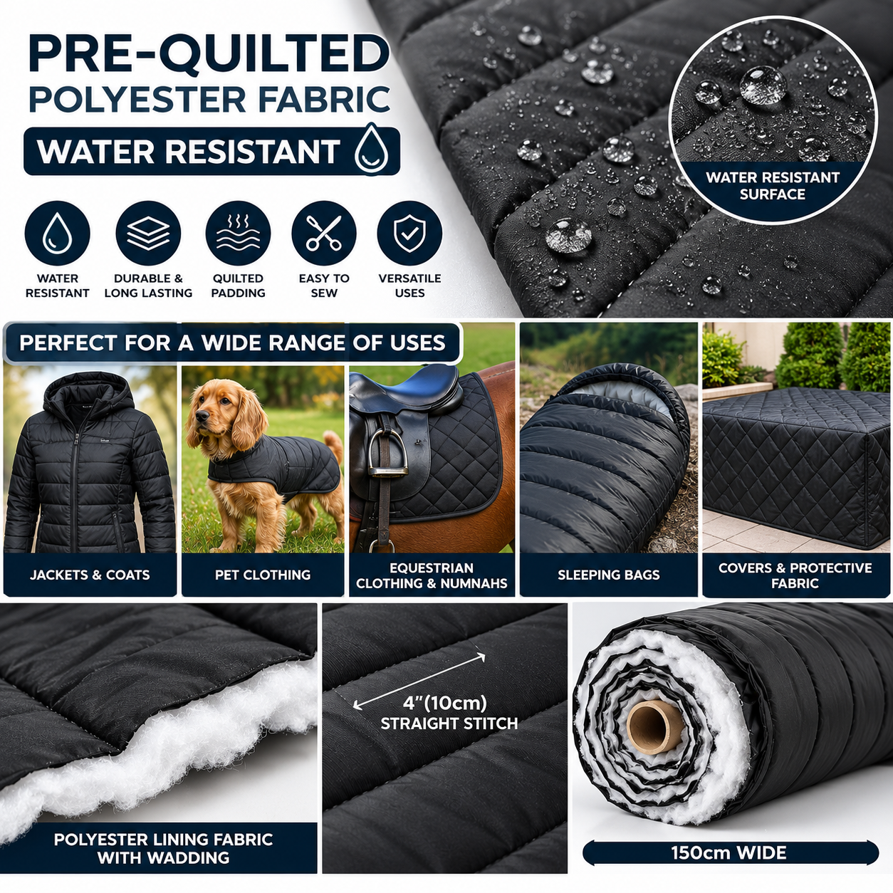 Designer Deadstock Black Water Resistant Quilted Fabric – Padded Polyester Jacket & Coat Material 150cm Wide By The Metre