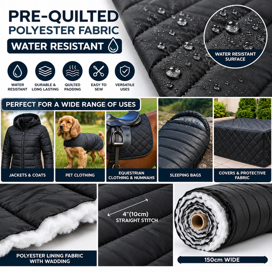 Designer Deadstock Black Water Resistant Quilted Fabric – Padded Polyester Jacket & Coat Material 150cm Wide By The Metre